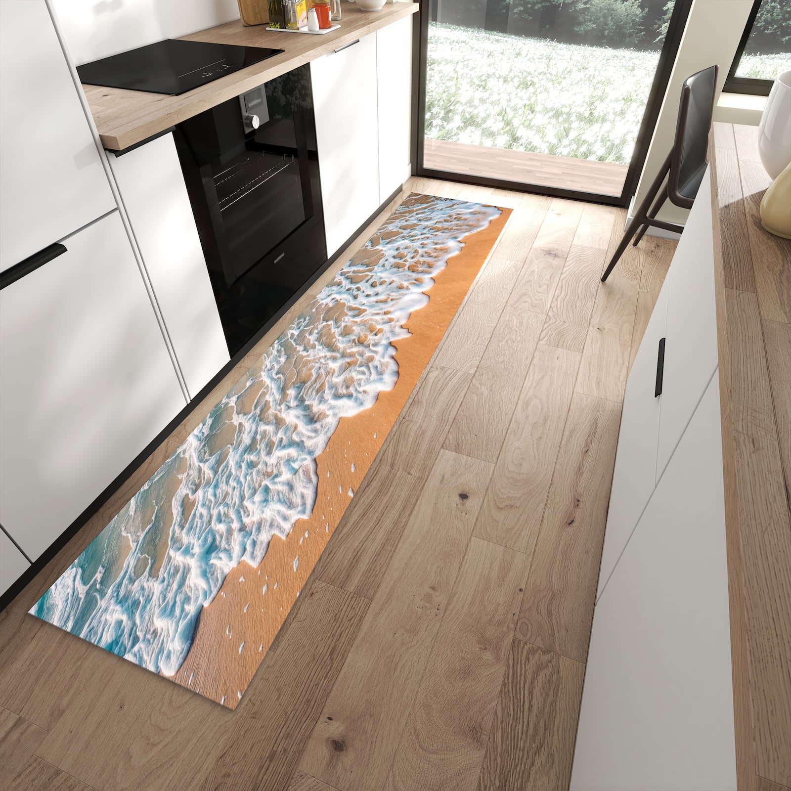 Komfortabler Küchenteppich mit Motiv Strand und Wellen in moderner Küche