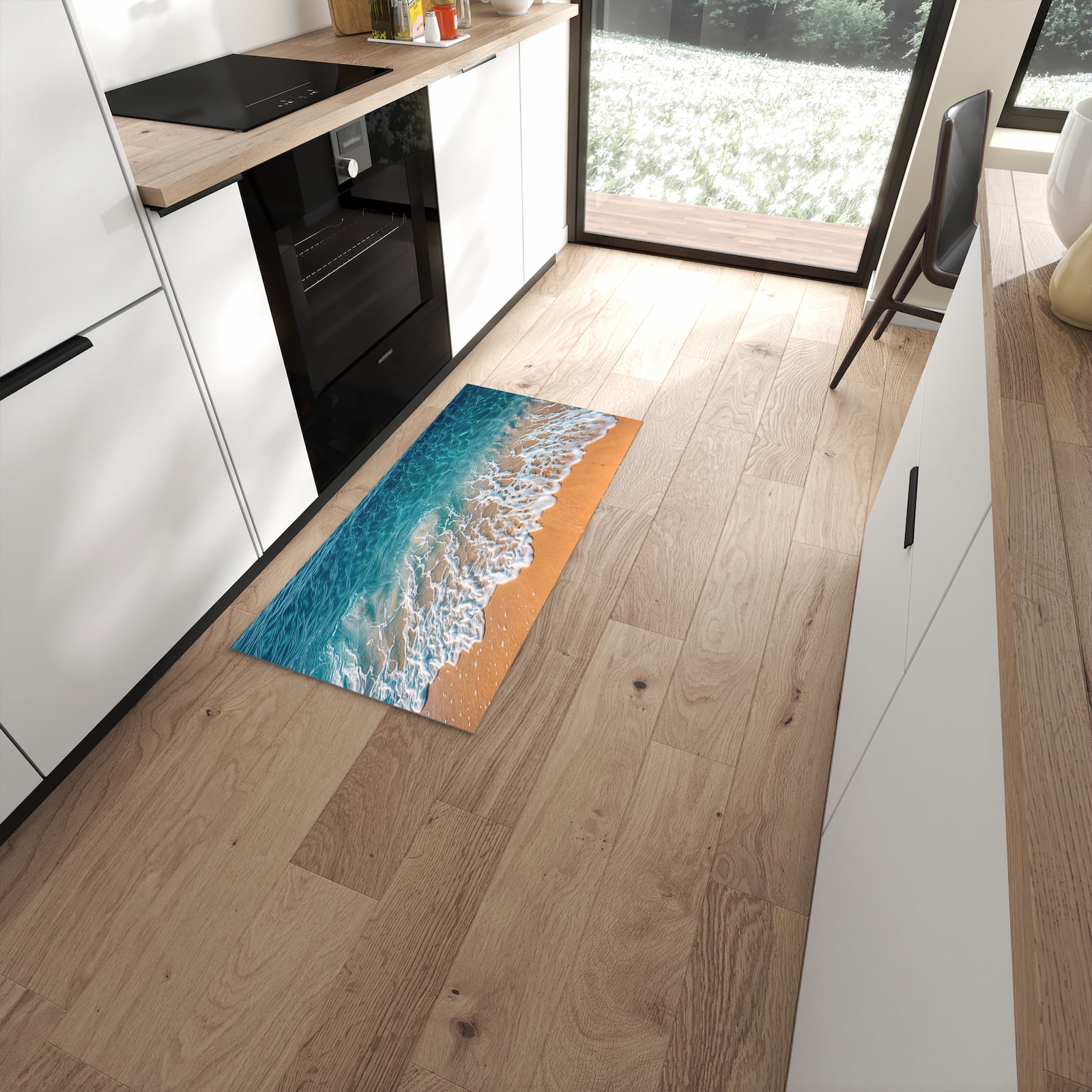 Geruchsneutraler Küchenteppich mit Motiv Strand und Wellen in moderner Küche #grösse_60 x 120 cm