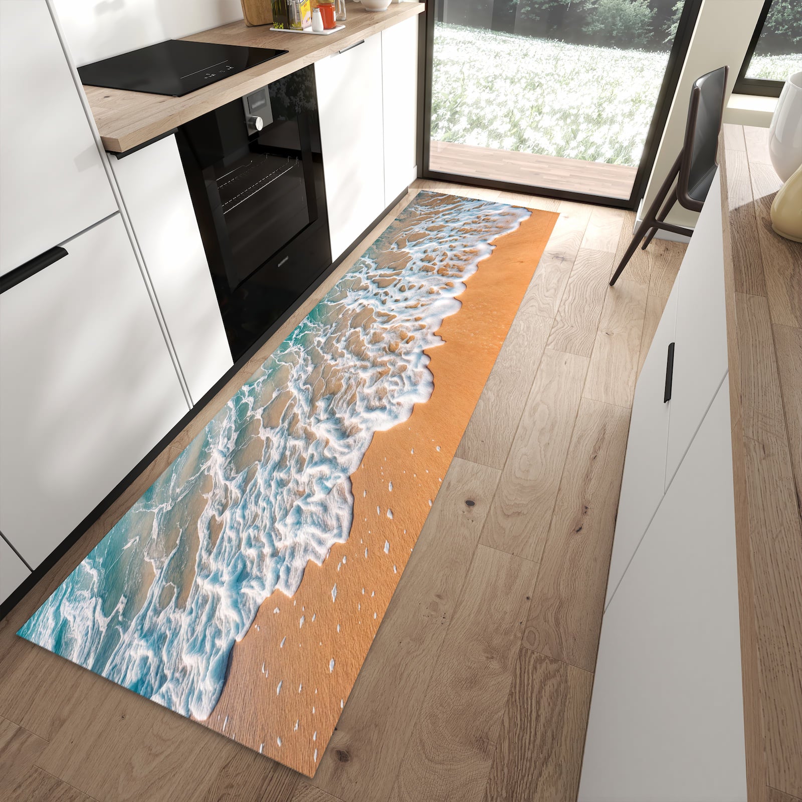 Strapazierfähiger Küchenvorleger mit Motiv Strand und Wellen in moderner Küche