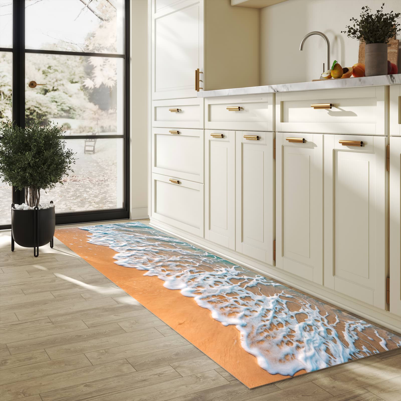 Bodenschonender Bodenläufer-Teppich mit Motiv Strand und Wellen in heller Küche