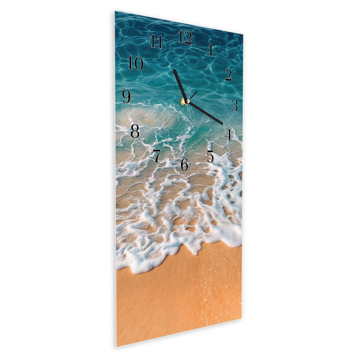 Vormontiert – mit Schwebeeffekt – Wanduhr Strand und Wellen aus Glas – Hochformat 30 × 60 cm