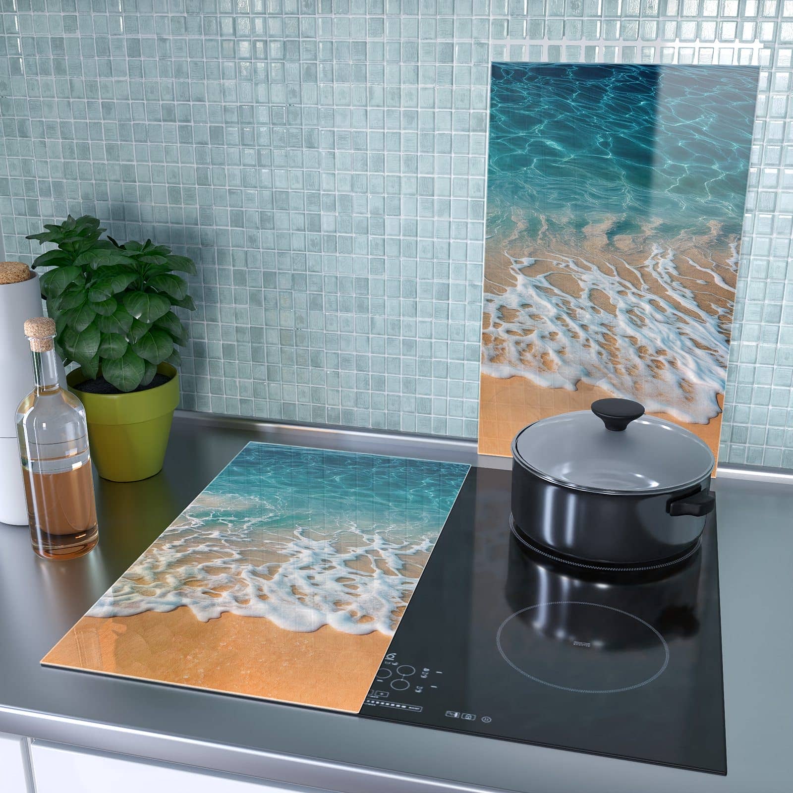 2-teilige Herdabdeckplatten mit Strand und Wellen-Motiv als Spritzschutz hinter dem Kochfeld