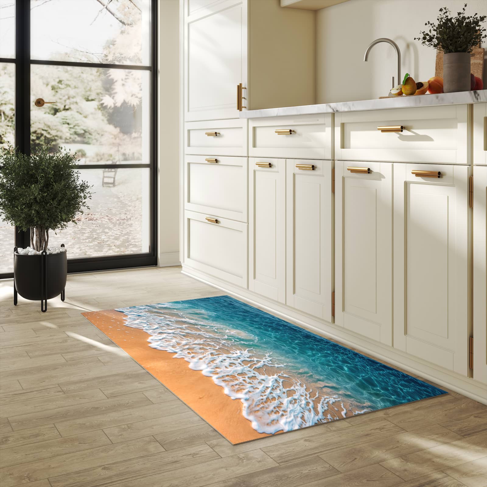 Küchenteppich mit Motiv Strand und Wellen für Ordnung & Übersicht in heller Küche