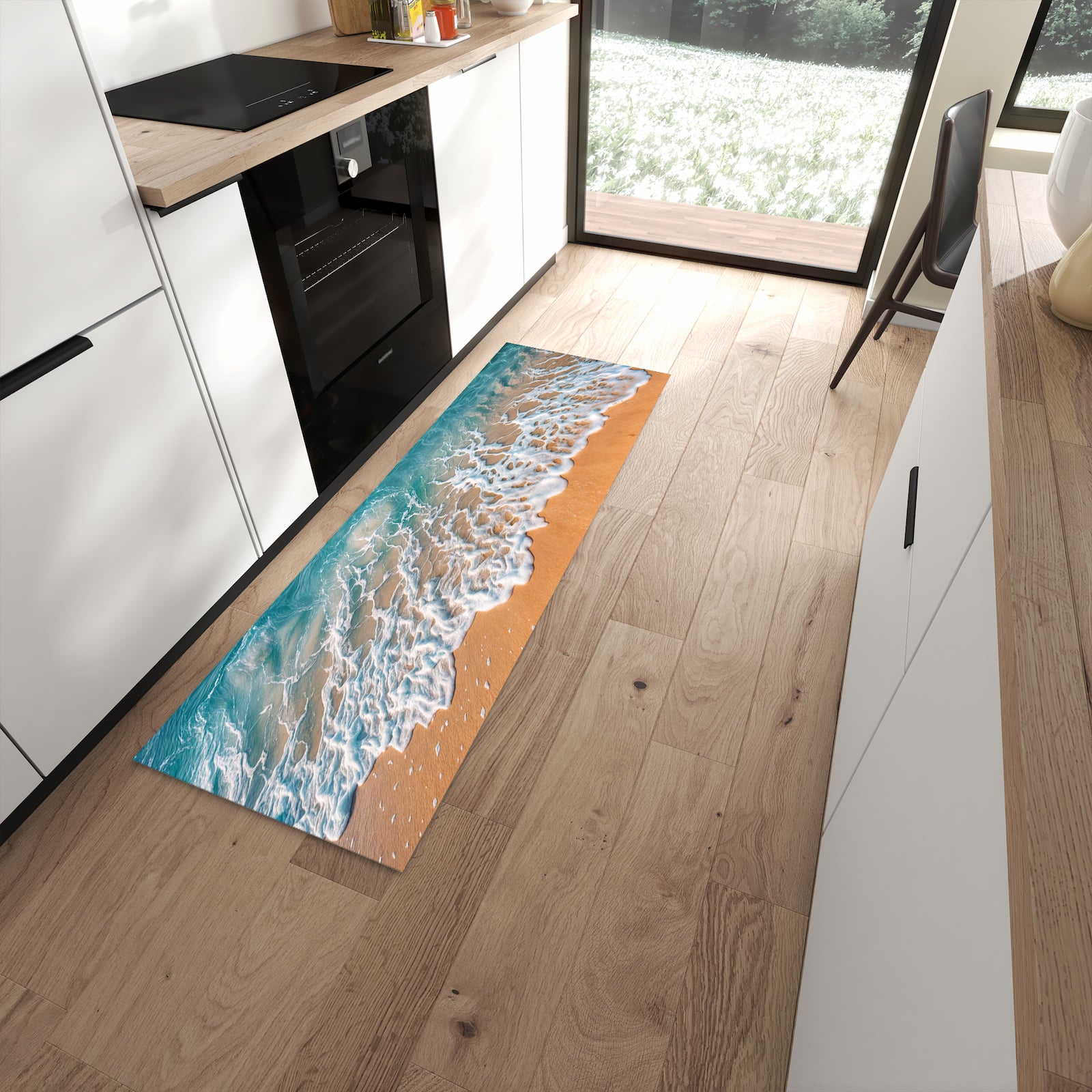 Flacher Küchenteppich mit Motiv Strand und Wellen in moderner Küche