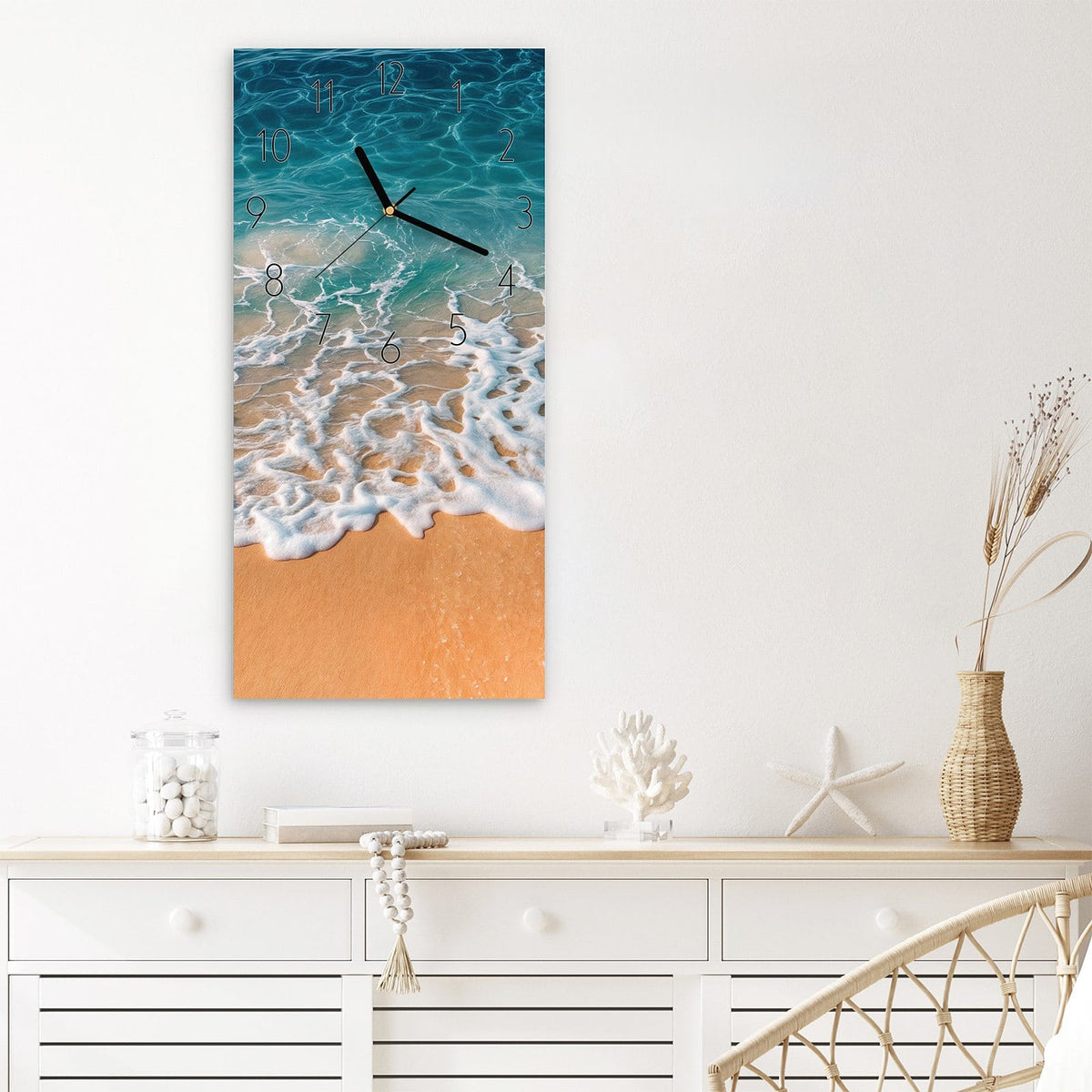 Wanduhr Strand und Wellen aus Glas – Türkisblaues Meer mit Schaumkronen