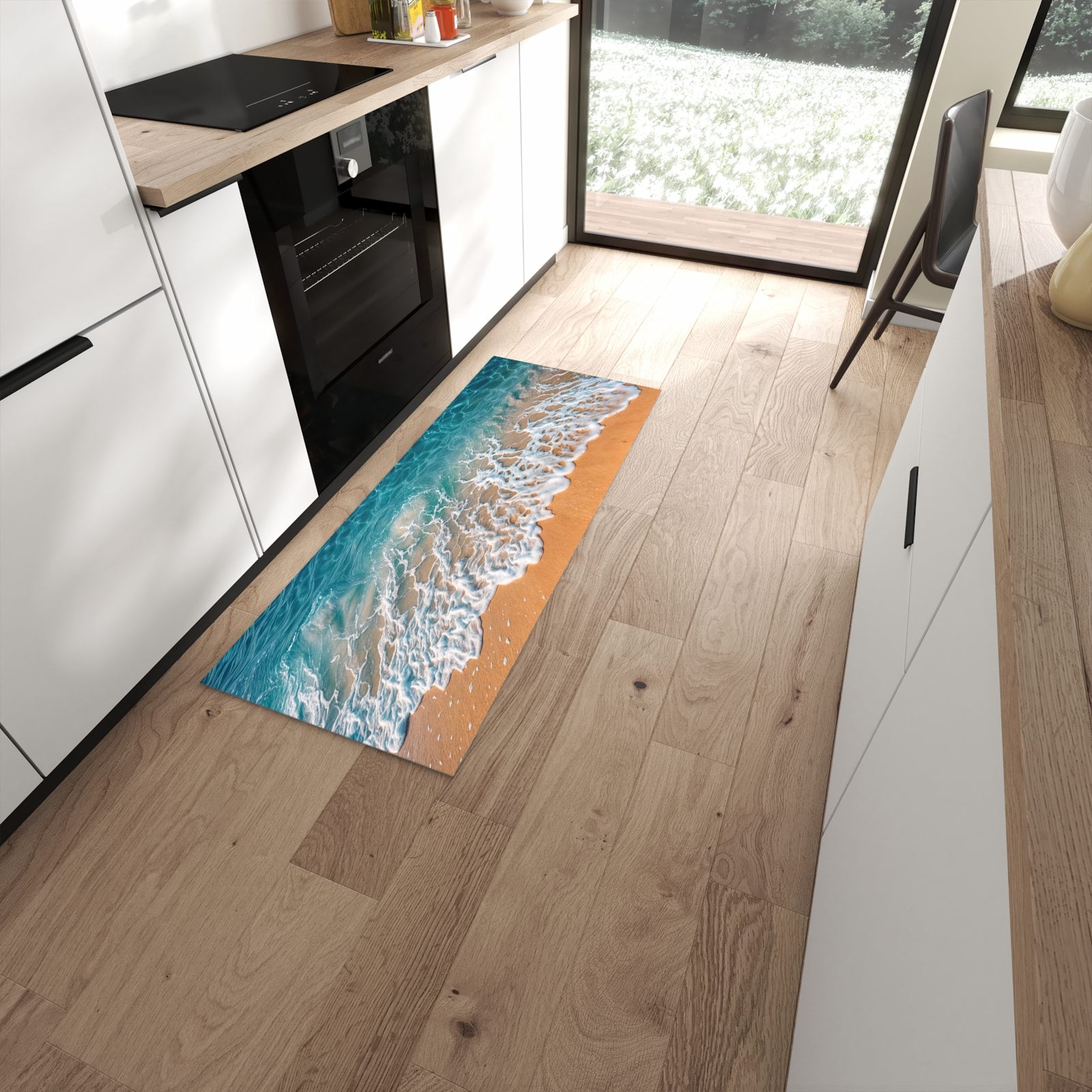 Langlebiger Küchenteppich mit Motiv Strand und Wellen in moderner Küche #grösse_60 x 150 cm
