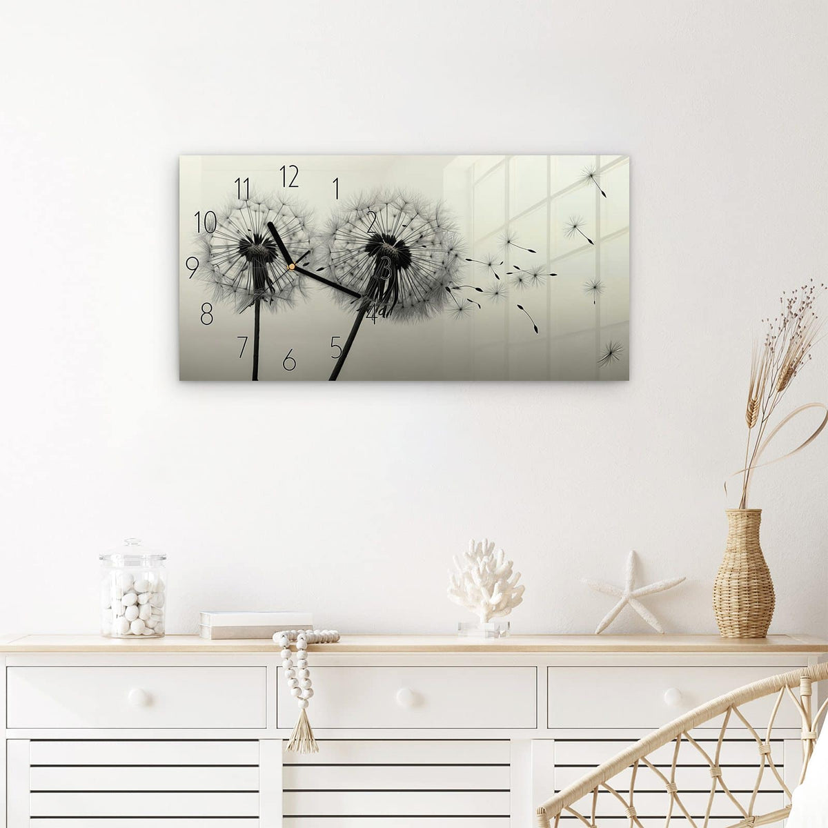 Wanduhr Pusteblume Schwarz aus Glas – Querformat 60 × 30 cm – Zwei Pusteblumen im Wind