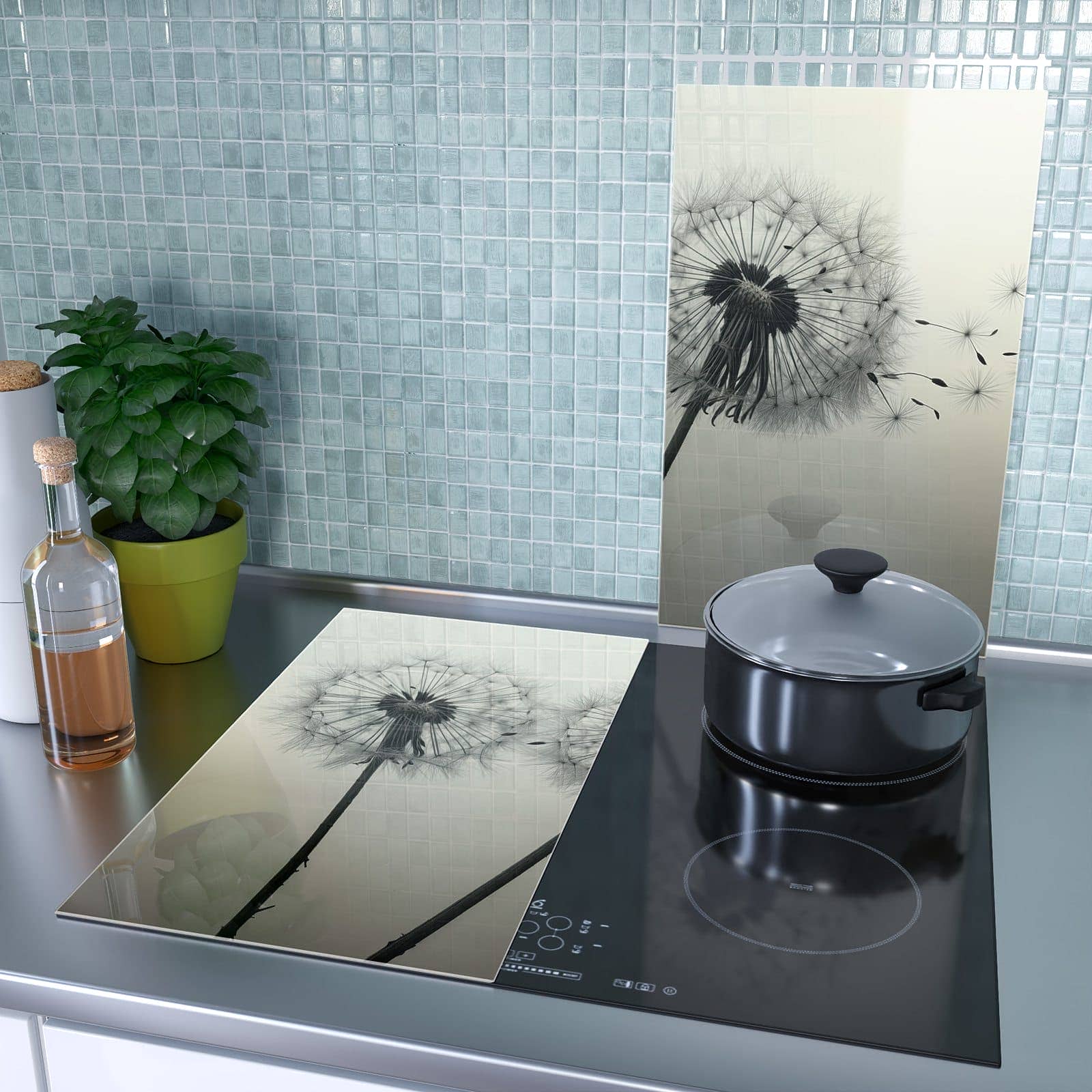 2-teilige Herdabdeckung für Induktionsfeld mit Pusteblume Schwarz-Motiv als Spritzschutz hinter dem Kochfeld
