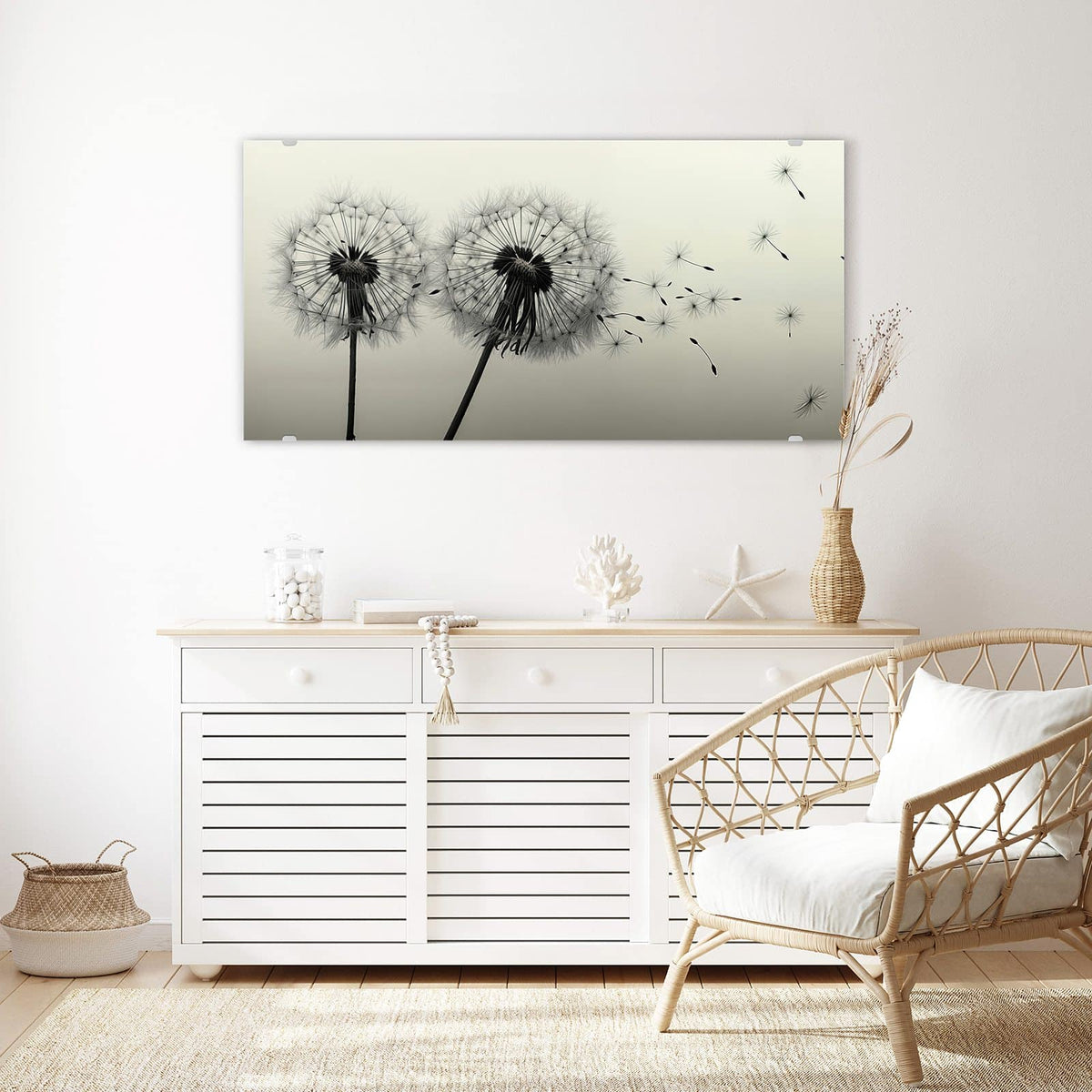 Echtglas, 4 mm – kein Acryl, keine Folie – Wandbild - Pusteblume in Sepia - Querformat