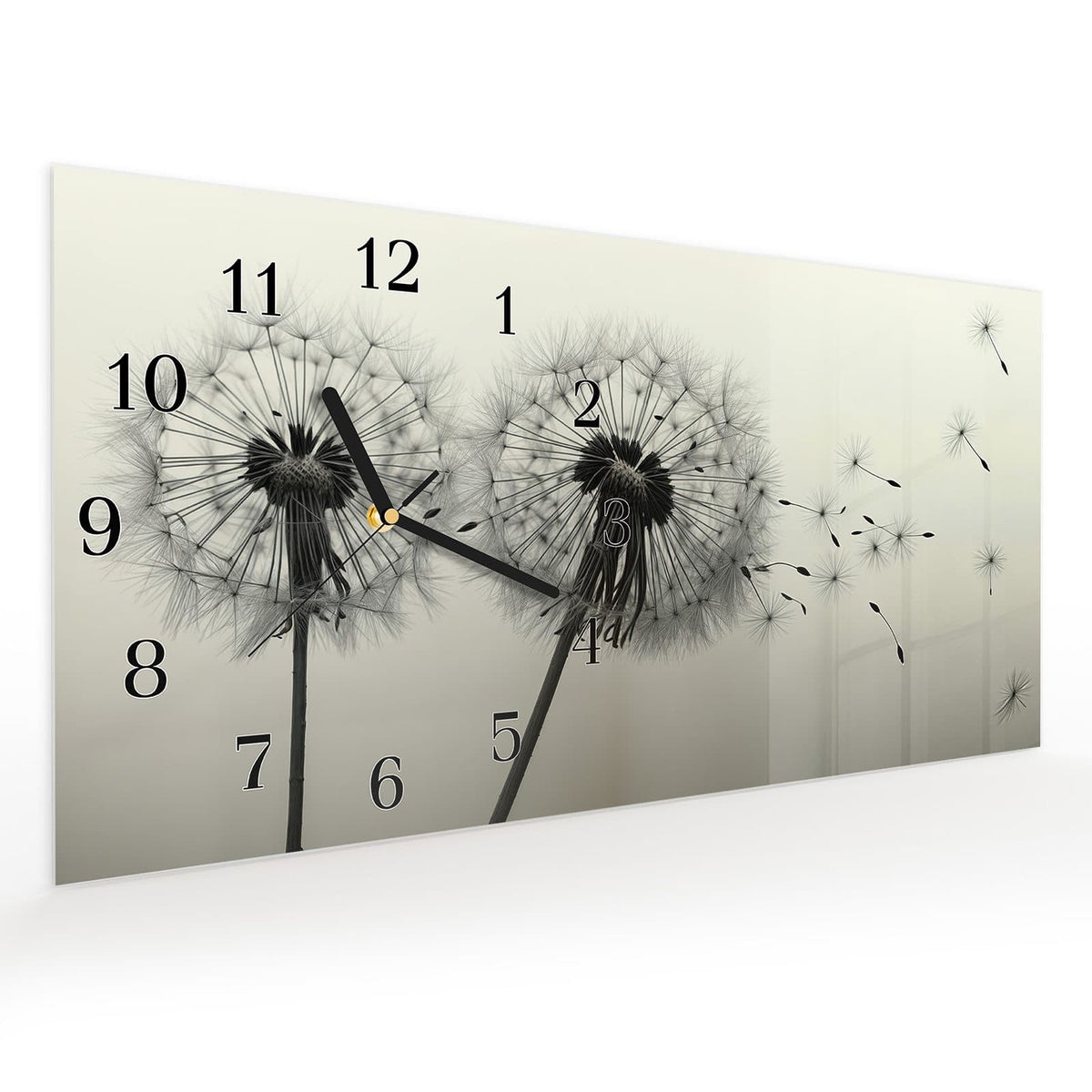 Vormontiert – mit Schwebeeffekt – Wanduhr Pusteblume Schwarz aus Glas – Querformat 60 × 30 cm