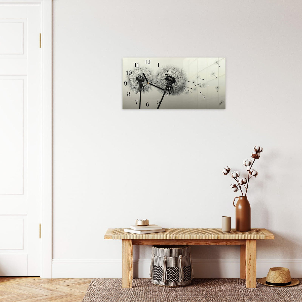 Moderne Wanduhr aus Glas mit Farbtiefe – Wanduhr Pusteblume Schwarz aus Glas – Querformat 60 × 30 cm