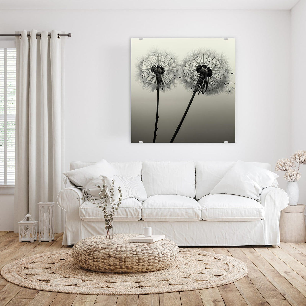 Glasbild Pusteblume in Sepia an der Wand – Zwei Pusteblumenköpfe im Gegenlicht, Schwarz-Weiß mit Sepiaton