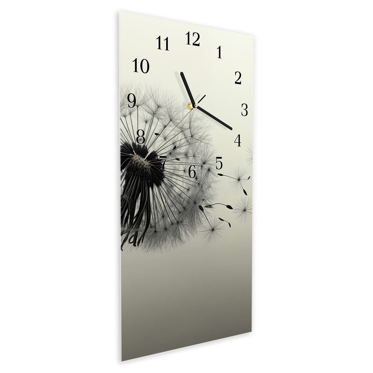 Vormontiert – mit Schwebeeffekt – Wanduhr Pusteblume Schwarz aus Glas – Hochformat 30 × 60 cm