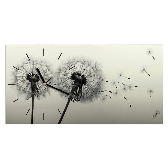 Wanduhr Pusteblume Schwarz aus Glas – Querformat 60 × 30 cm mit Ziffernblatt Linie