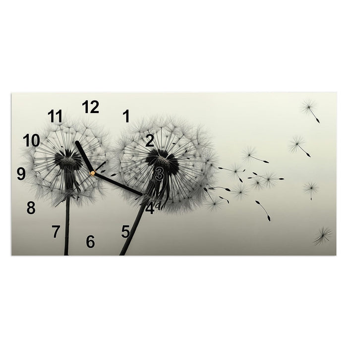 Wanduhr Pusteblume Schwarz aus Glas – Querformat 60 × 30 cm mit Ziffernblatt Modern