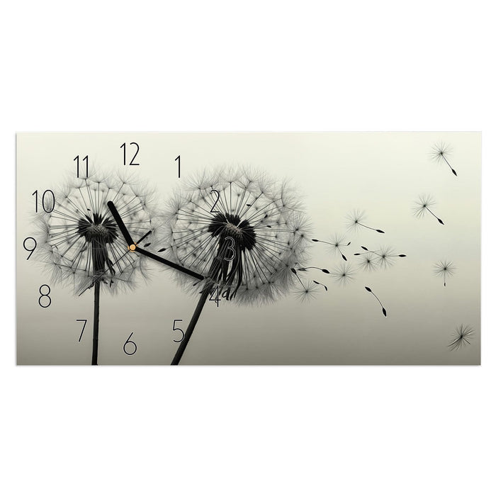Wanduhr Pusteblume Schwarz aus Glas – Querformat 60 × 30 cm mit Ziffernblatt Elegant