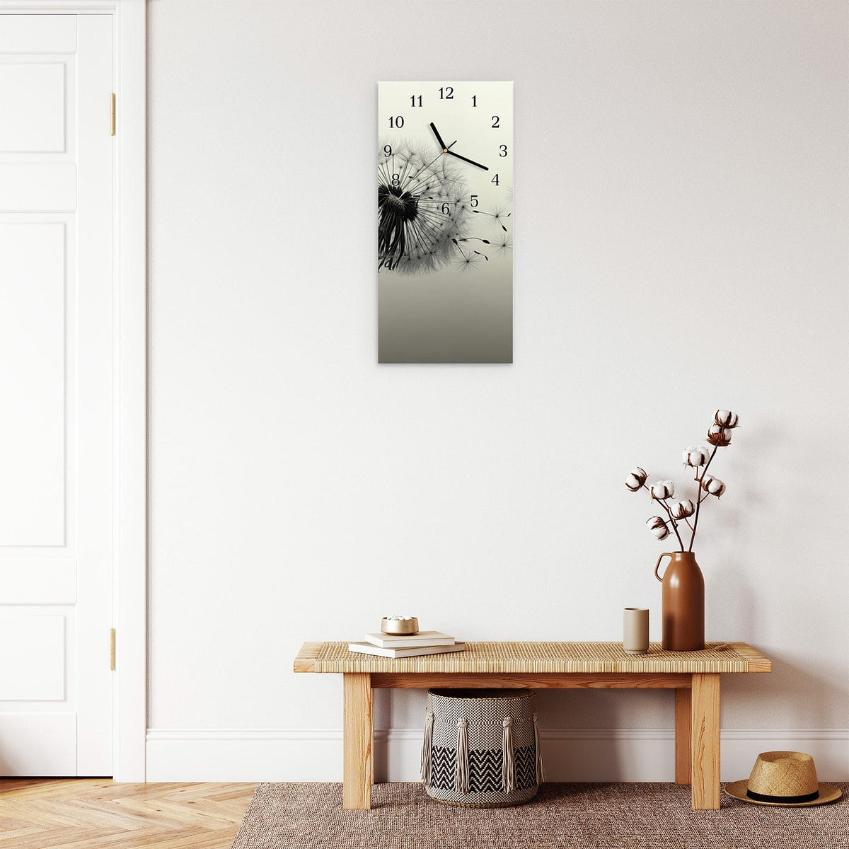 Moderne Wanduhr aus Glas mit Farbtiefe – Wanduhr Pusteblume Schwarz aus Glas – Hochformat 30 × 60 cm
