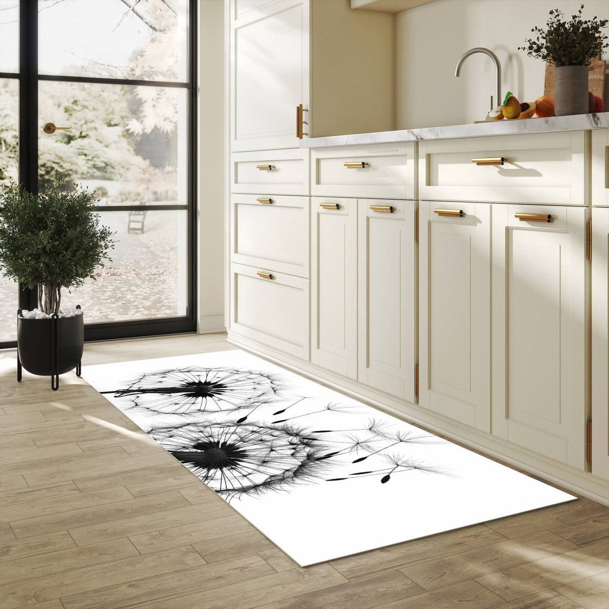 Strapazierfähiger Küchenteppich mit Motiv Pusteblumen in heller Küche