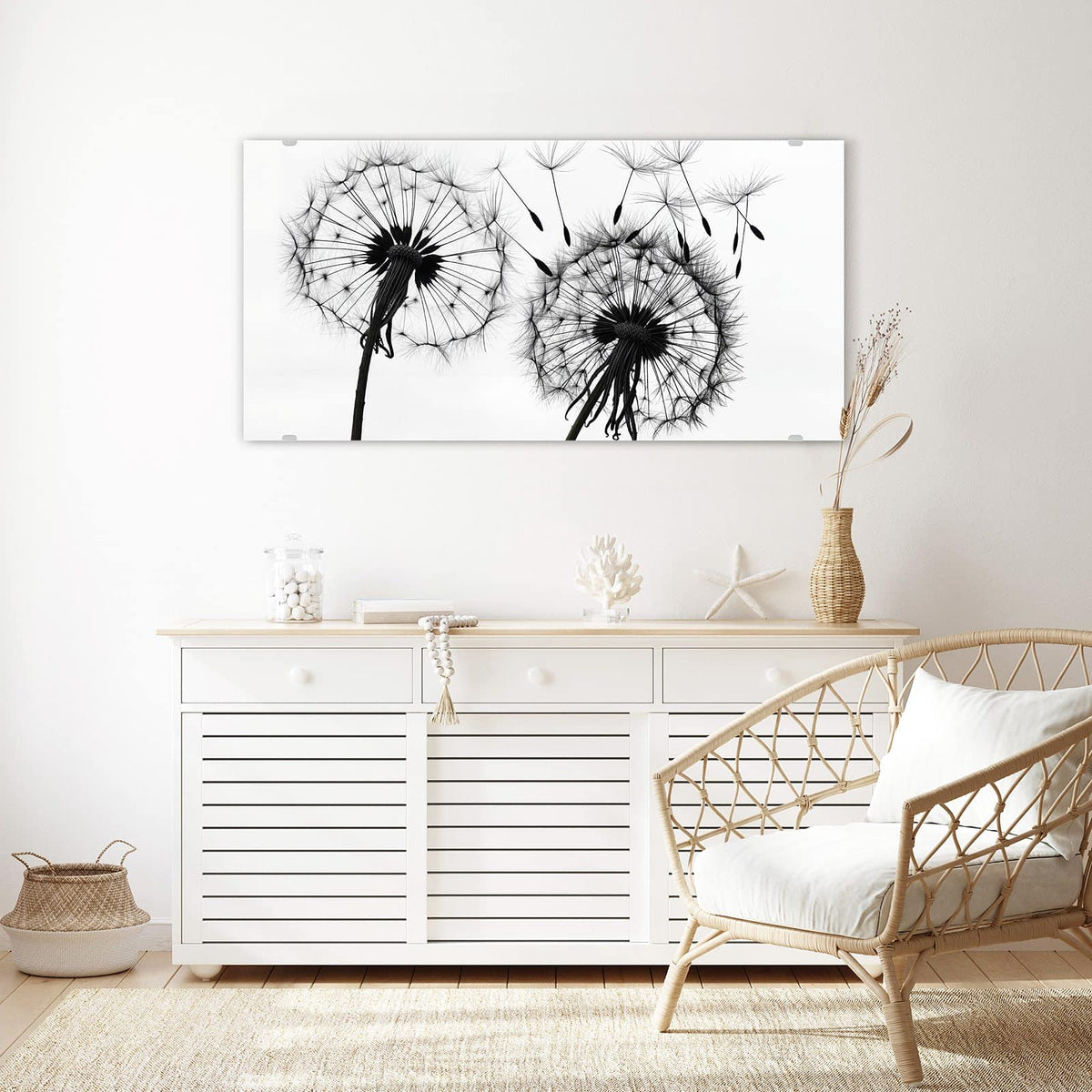 Echtglas, 4 mm – kein Acryl, keine Folie – Wandbild - Pusteblumen in Grau - Querformat
