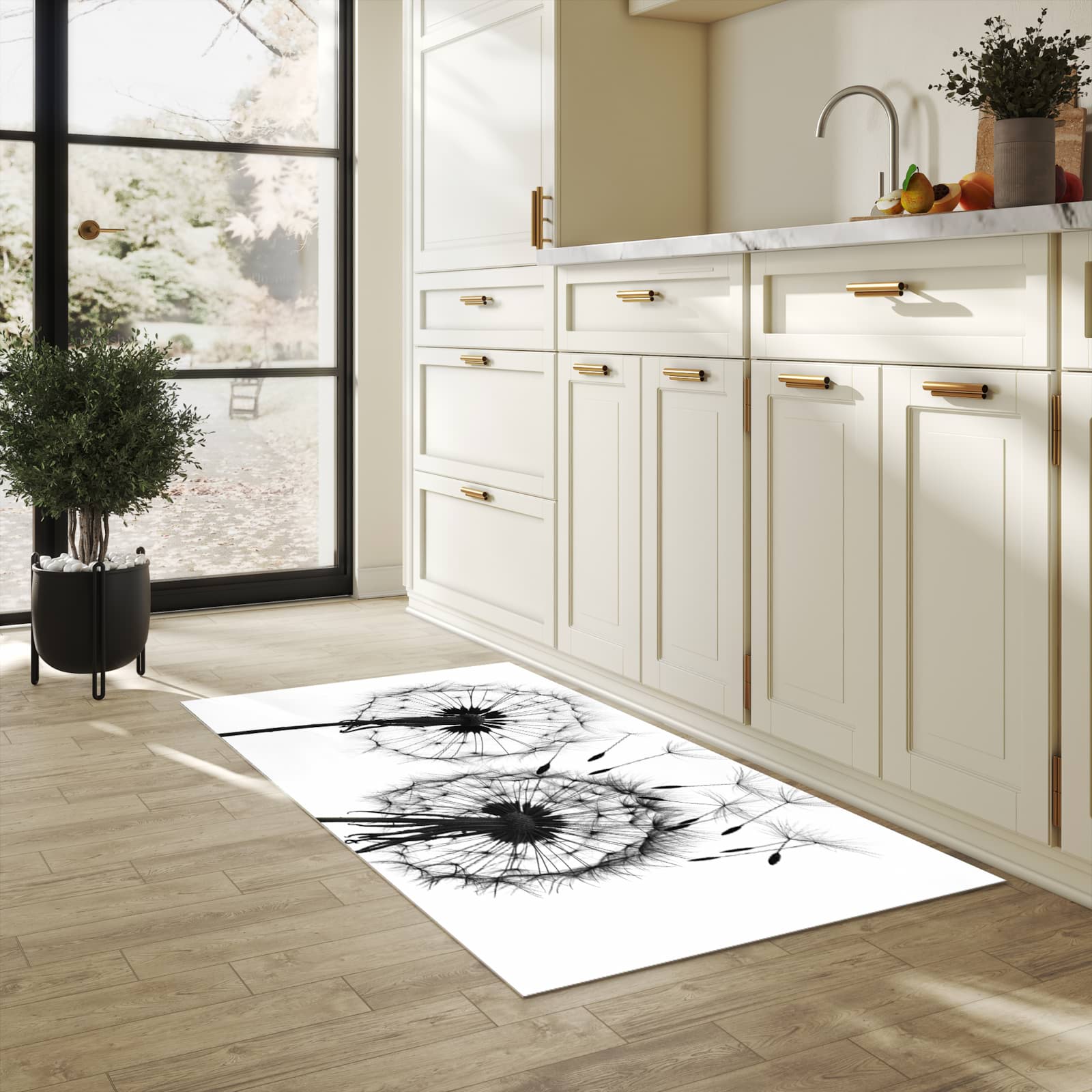 Hygienischer Küchenteppich mit Motiv Pusteblumen in heller Küche