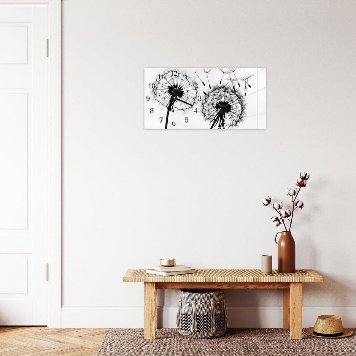 Moderne Wanduhr aus Glas mit Farbtiefe – Wanduhr Pusteblumen aus Glas – Querformat 60 × 30 cm