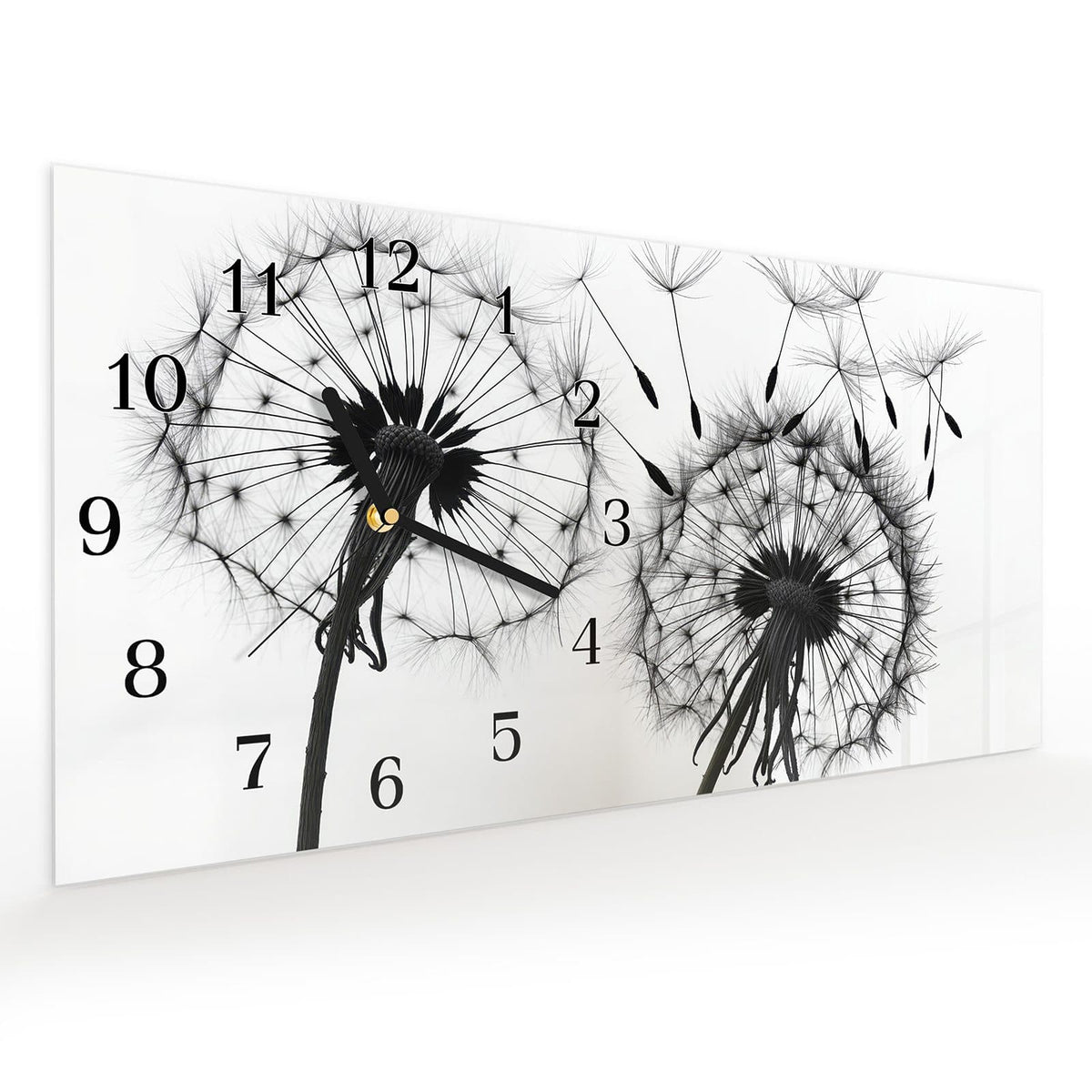 Vormontiert – mit Schwebeeffekt – Wanduhr Pusteblumen aus Glas – Querformat 60 × 30 cm