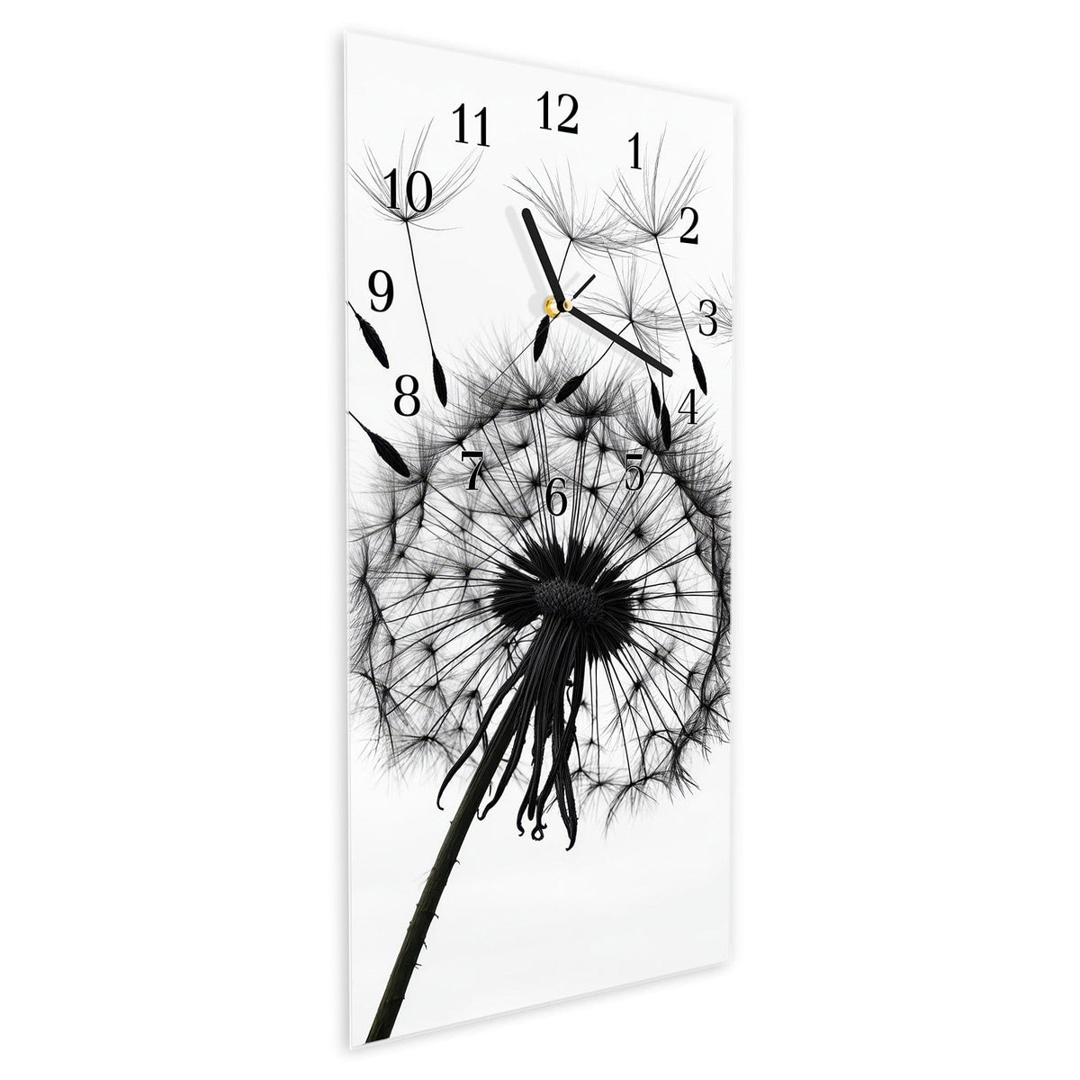 Vormontiert – mit Schwebeeffekt – Wanduhr Pusteblumen aus Glas – Hochformat 30 × 60 cm