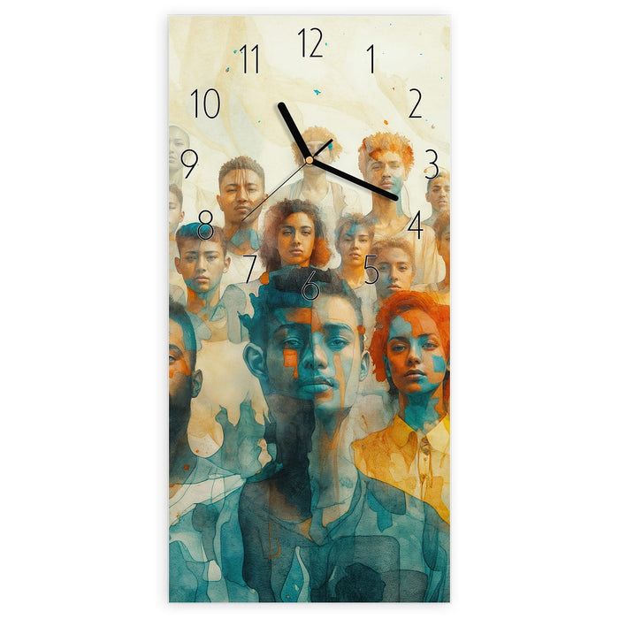 Wanduhr Gesichtervielfalt aus Glas – Hochformat 30 × 60 cm mit Ziffernblatt Elegant