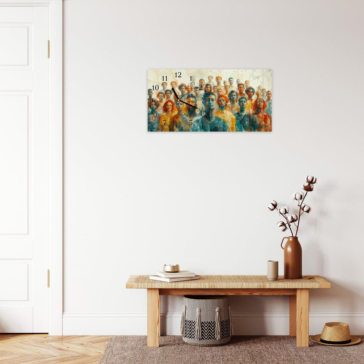 Moderne Wanduhr aus Glas mit Farbtiefe – Wanduhr Gesichtervielfalt aus Glas – Querformat 60 × 30 cm