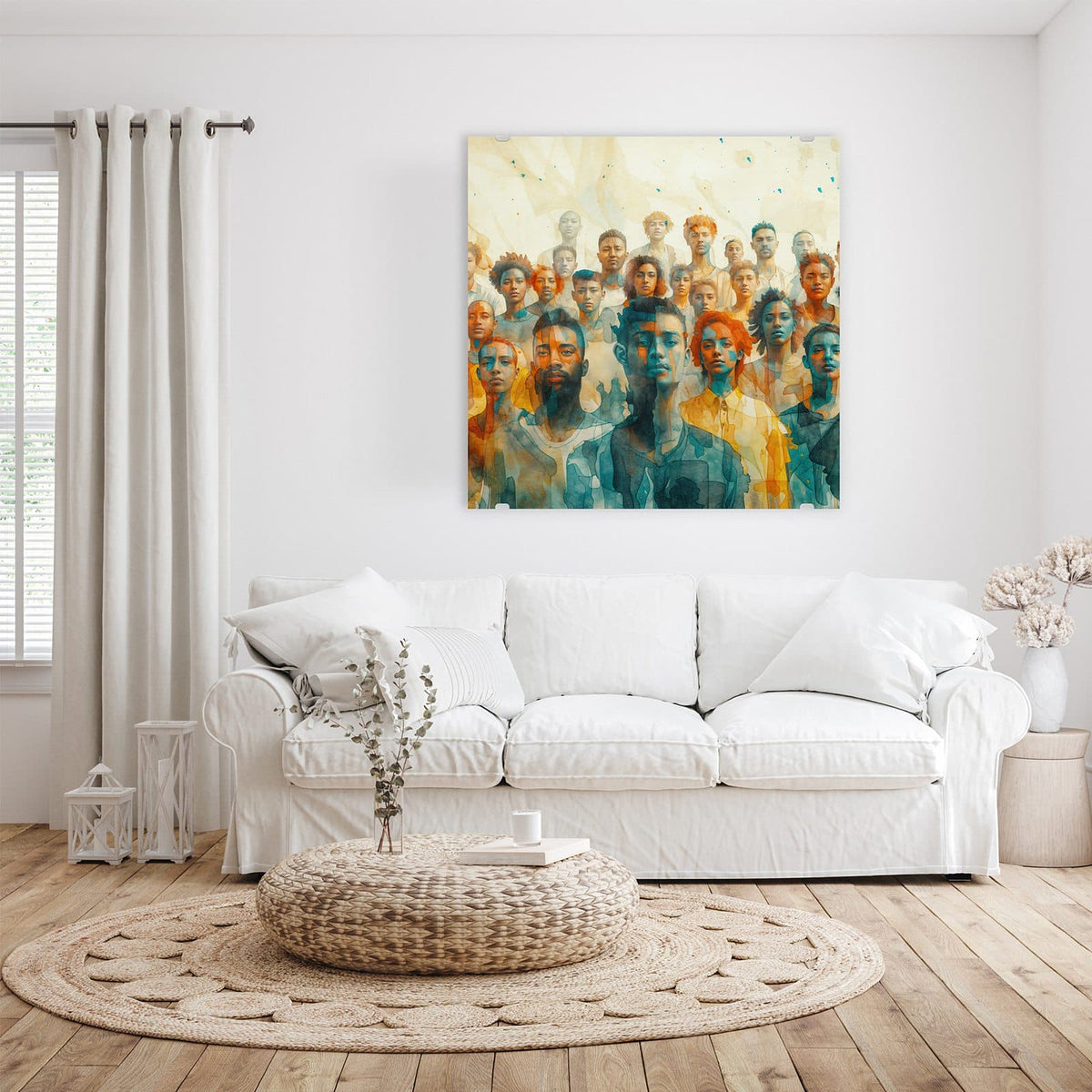 Menschenmenge aus vielen Gesichtern in lasierender Aquarelloptik, Türkis und Ocker