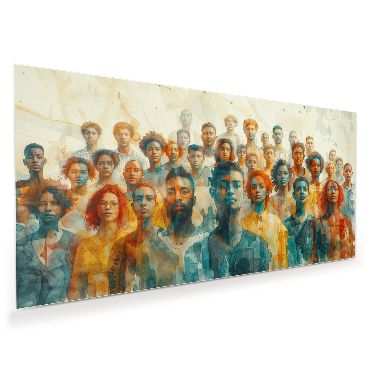 Menschenmenge aus vielen Gesichtern in lasierender Aquarelloptik, Türkis und Ocker