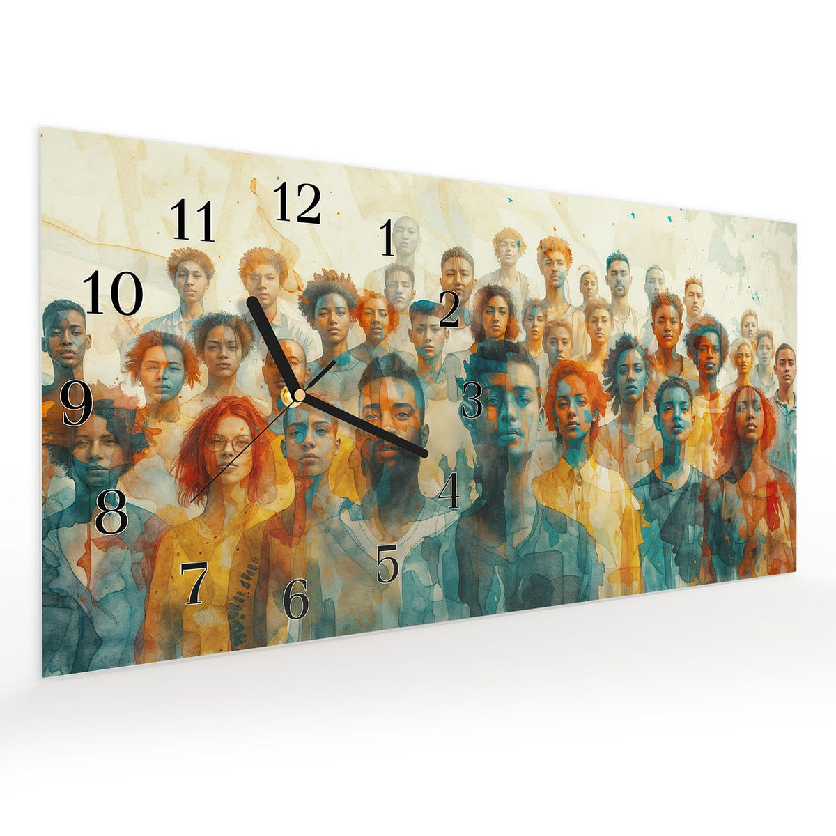 Vormontiert – mit Schwebeeffekt – Wanduhr Gesichtervielfalt aus Glas – Querformat 60 × 30 cm