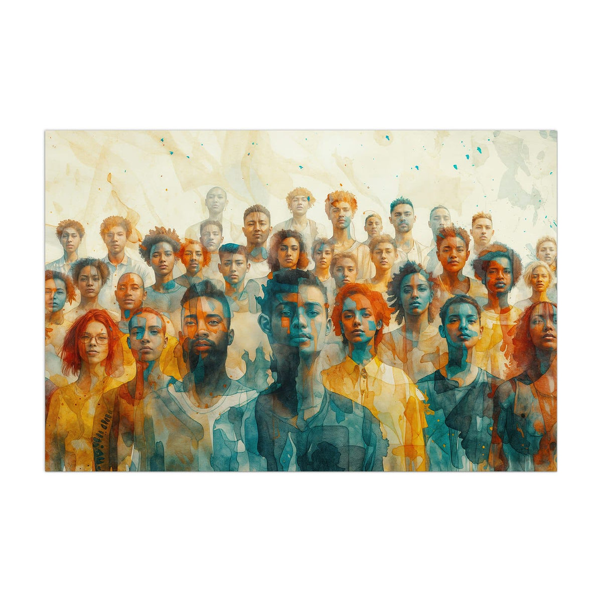 Küchenrückwand aus Glas Menschen in Aquarell im Hochformat, Motiv bildfüllend von vorn