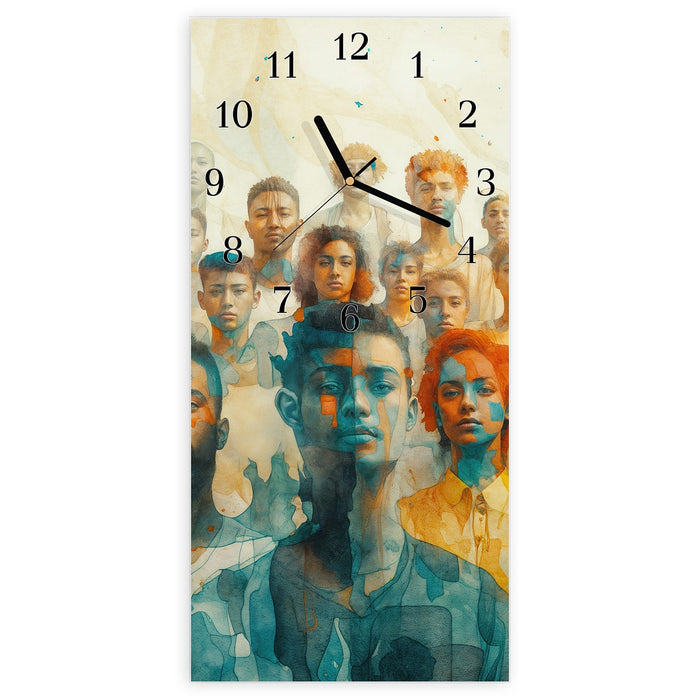 Wanduhr Gesichtervielfalt aus Glas – Hochformat 30 × 60 cm mit Ziffernblatt Klassisch