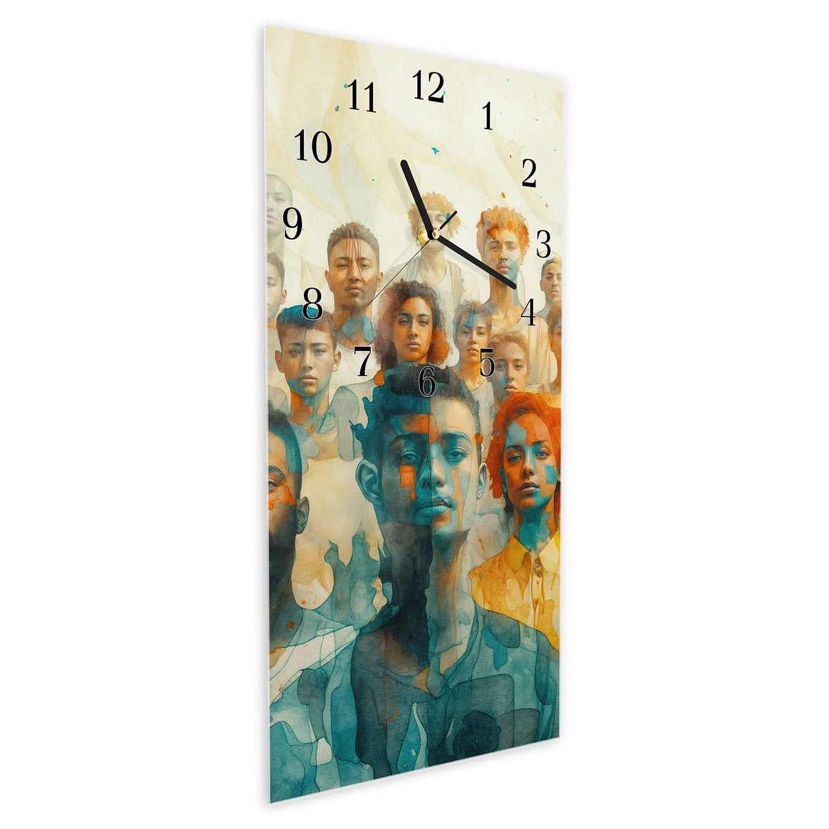 Vormontiert – mit Schwebeeffekt – Wanduhr Gesichtervielfalt aus Glas – Hochformat 30 × 60 cm