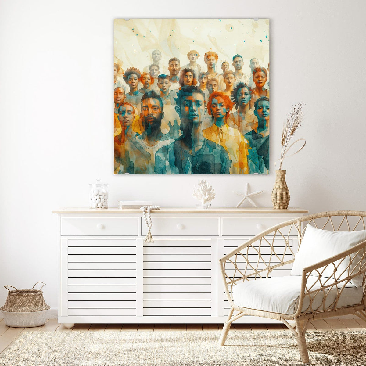Echtglas, 4 mm – kein Acryl, keine Folie – Wandbild - Menschen in Aquarell - Quadratisch