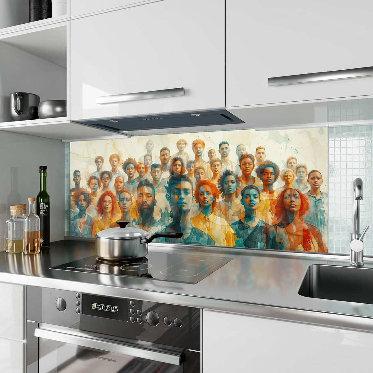 Küchenrückwand aus Glas Menschen in Aquarell im Hochformat als Spritzschutz hinter dem Kochfeld, über dem Fliesenspiegel montiert