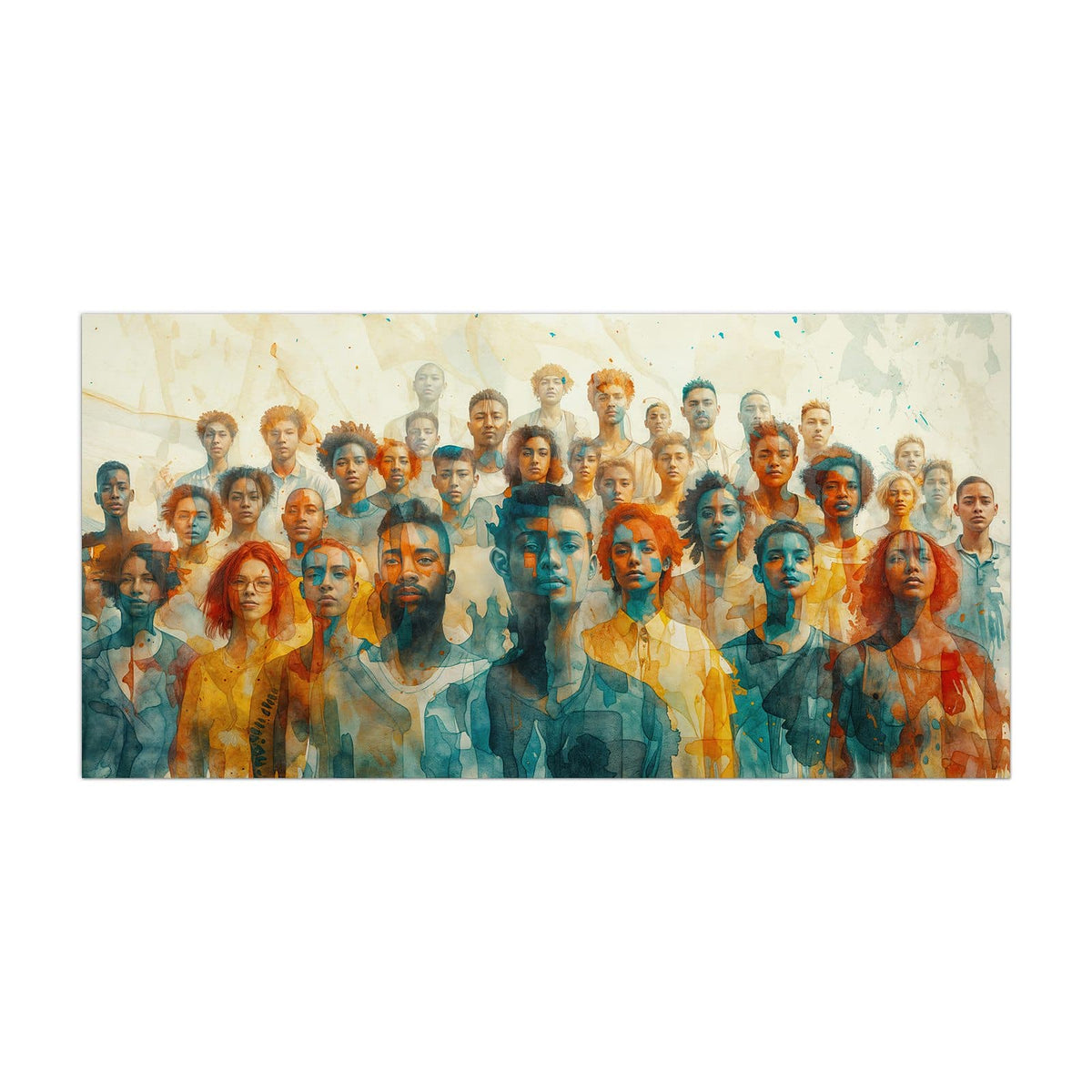 Küchenrückwand aus Glas Menschen in Aquarell im Hochformat, Motiv bildfüllend von vorn