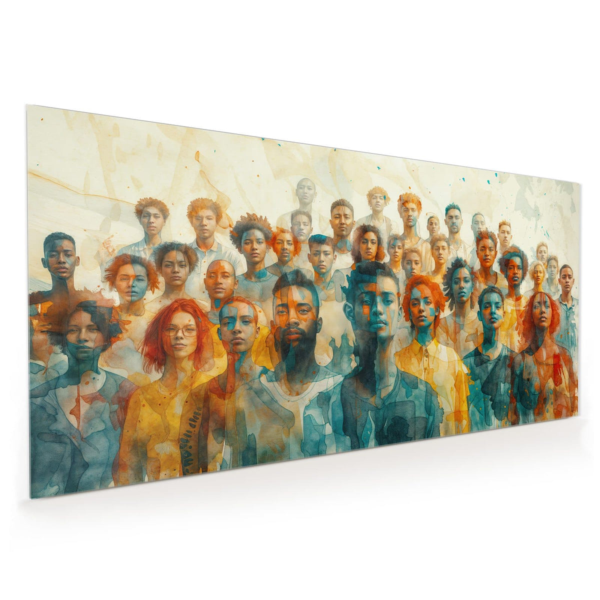 Küchenrückwand aus Glas im Hochformat: Menschenmenge aus vielen Gesichtern in lasierender Aquarelloptik, Türkis und Ocker