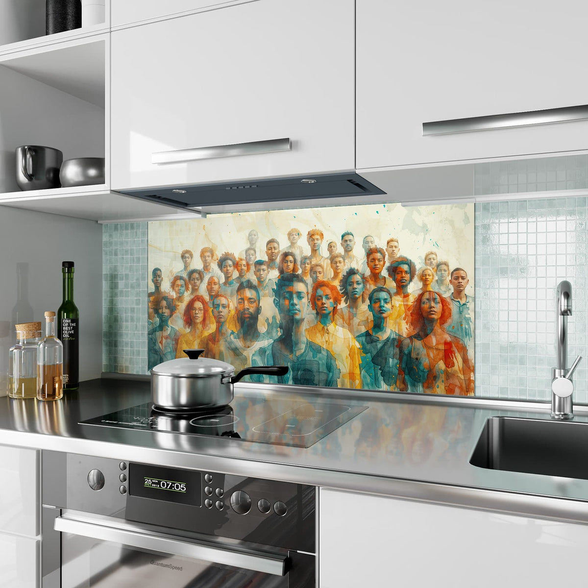 Küchenrückwand aus Glas Menschen in Aquarell im Hochformat als Spritzschutz hinter dem Kochfeld, über dem Fliesenspiegel montiert