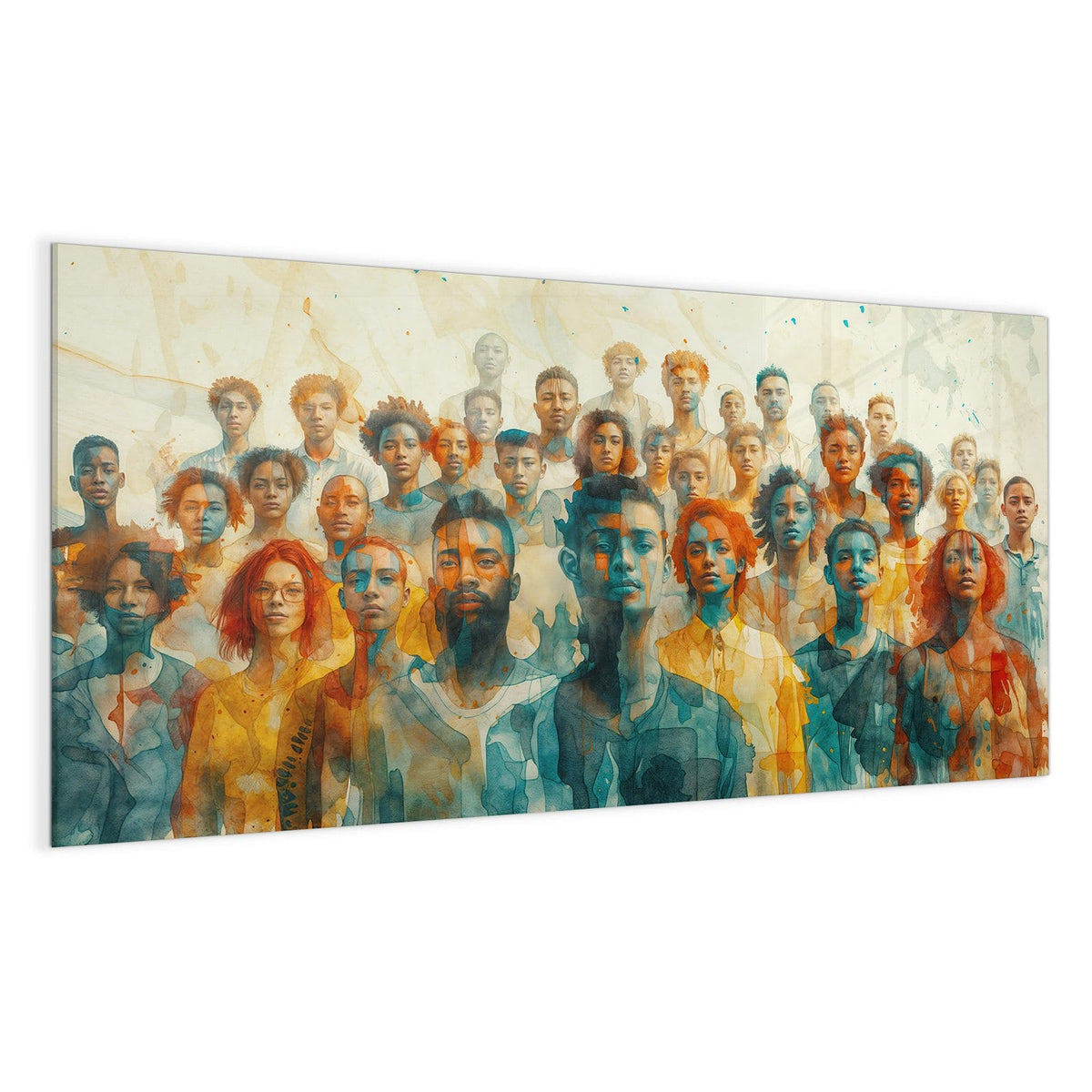 Menschenmenge aus vielen Gesichtern in lasierender Aquarelloptik, Türkis und Ocker