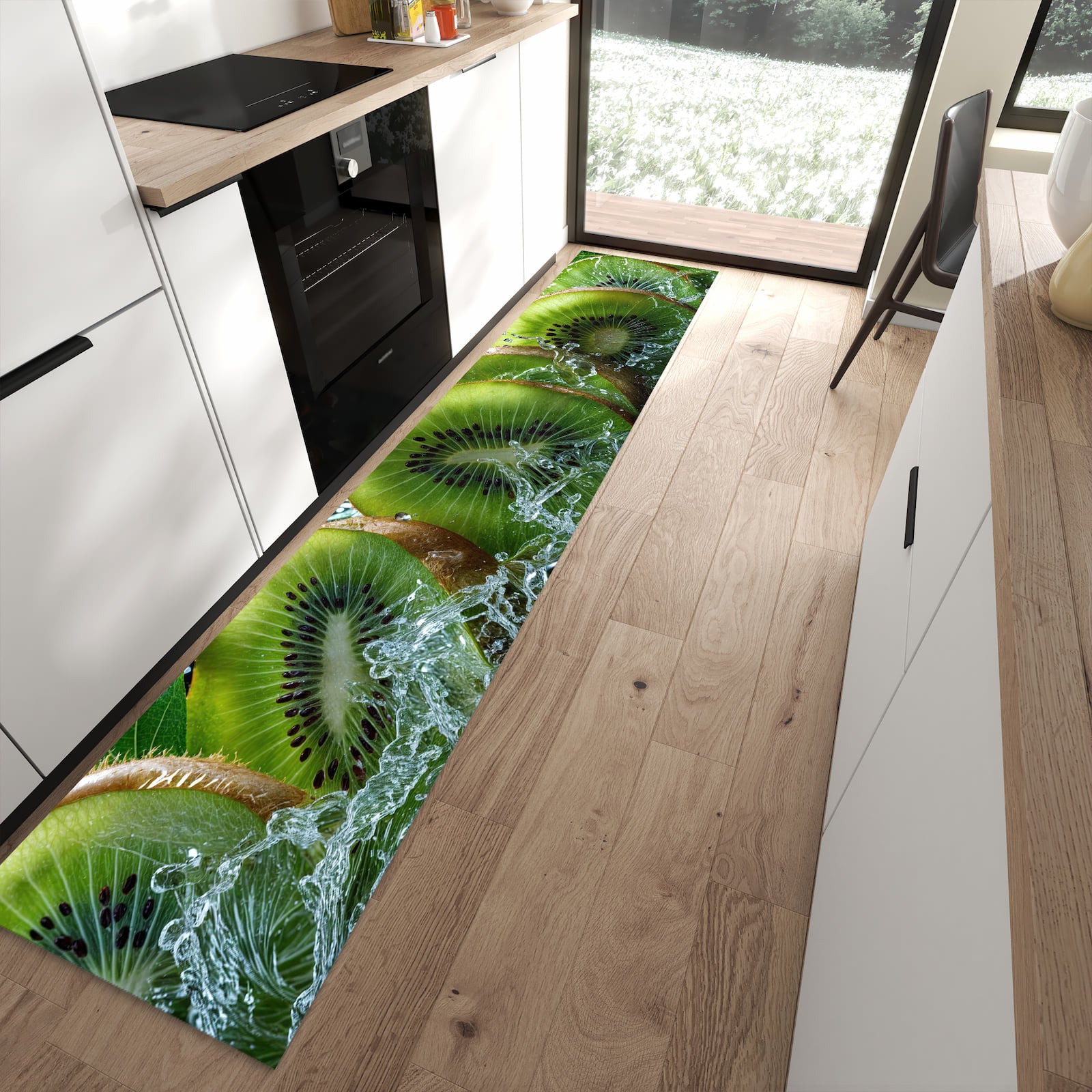 Abriebfester Küchenteppich mit Motiv Kiwi und Wasser in moderner Küche
