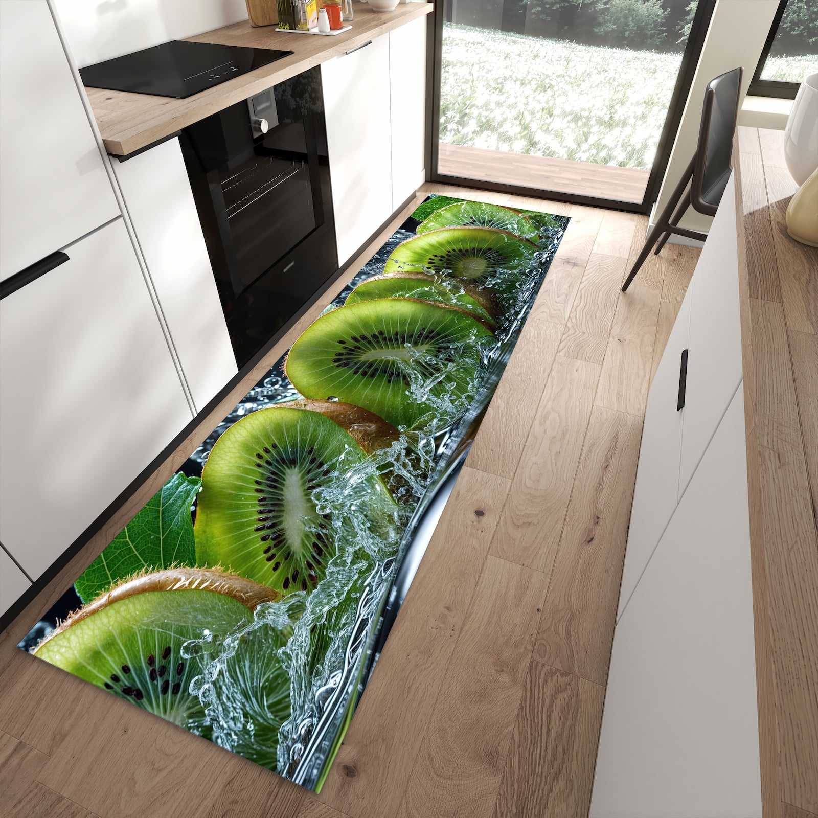 Fleckenresistenter rutschfester Küchenteppich mit Motiv Kiwi und Wasser in moderner Küche