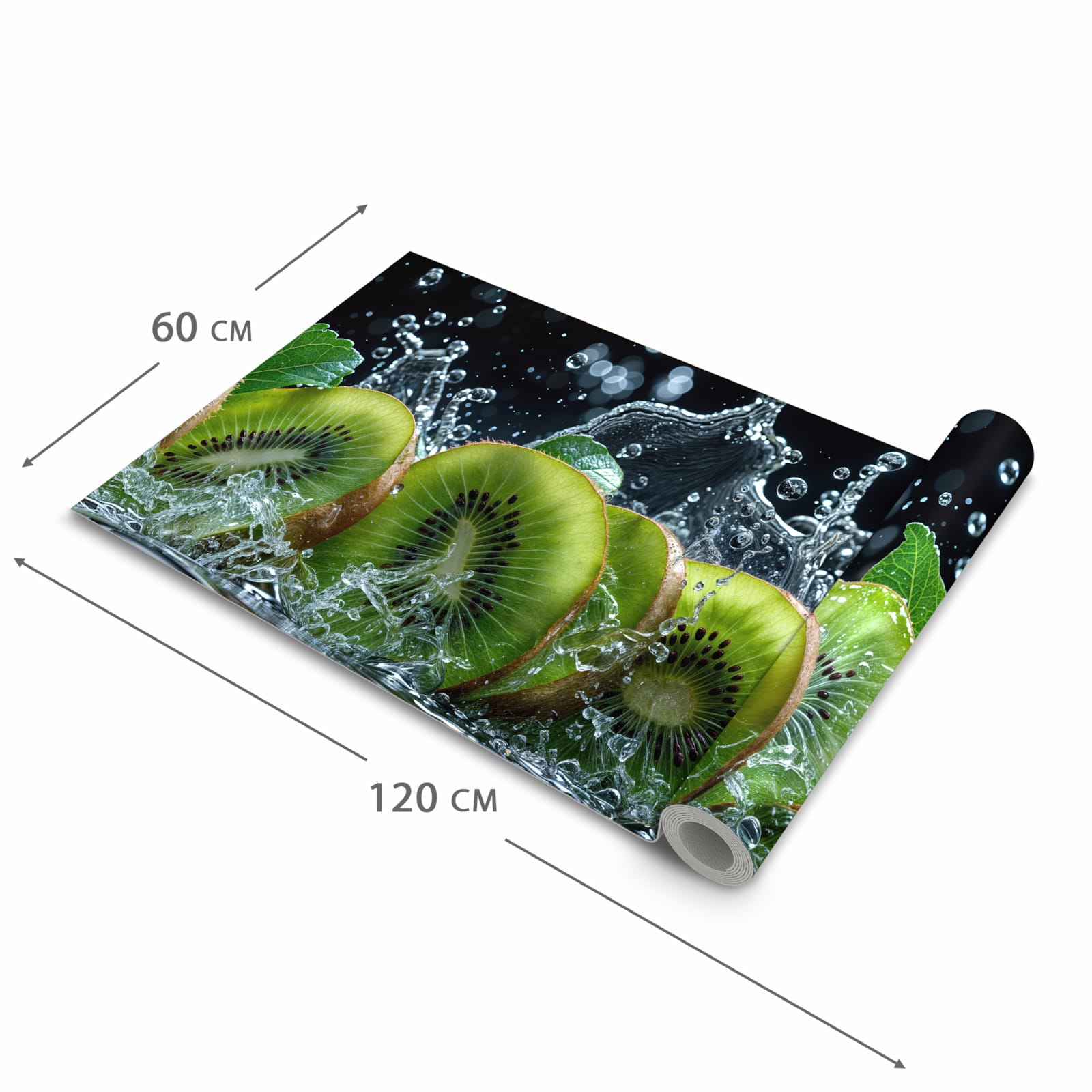 Geruchsneutraler Küchenläufer mit Motiv Kiwi und Wasser in der Grösse 60x300 cm