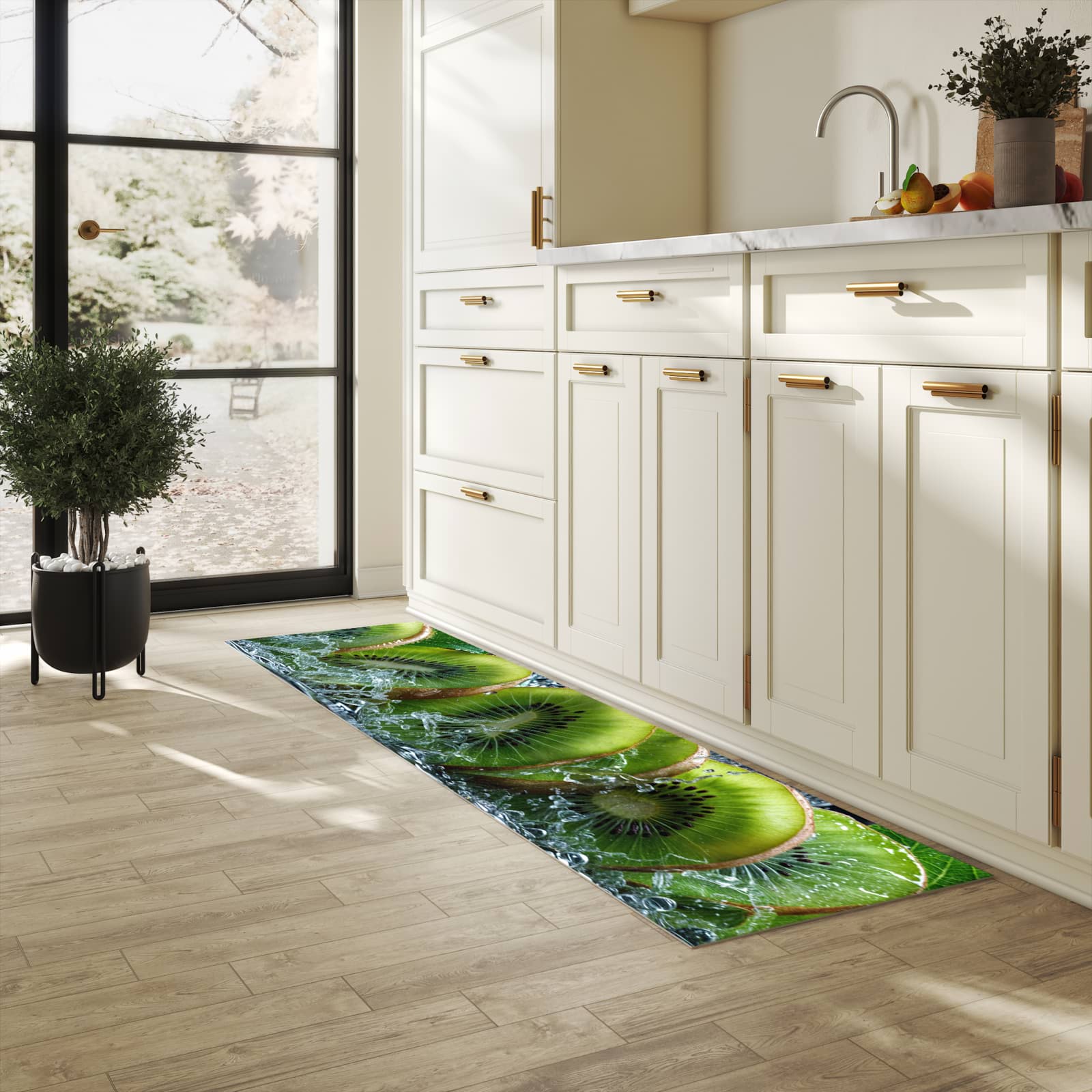 Waschbarer Küchenteppich mit Motiv Kiwi und Wasser für Ordnung in heller Küche