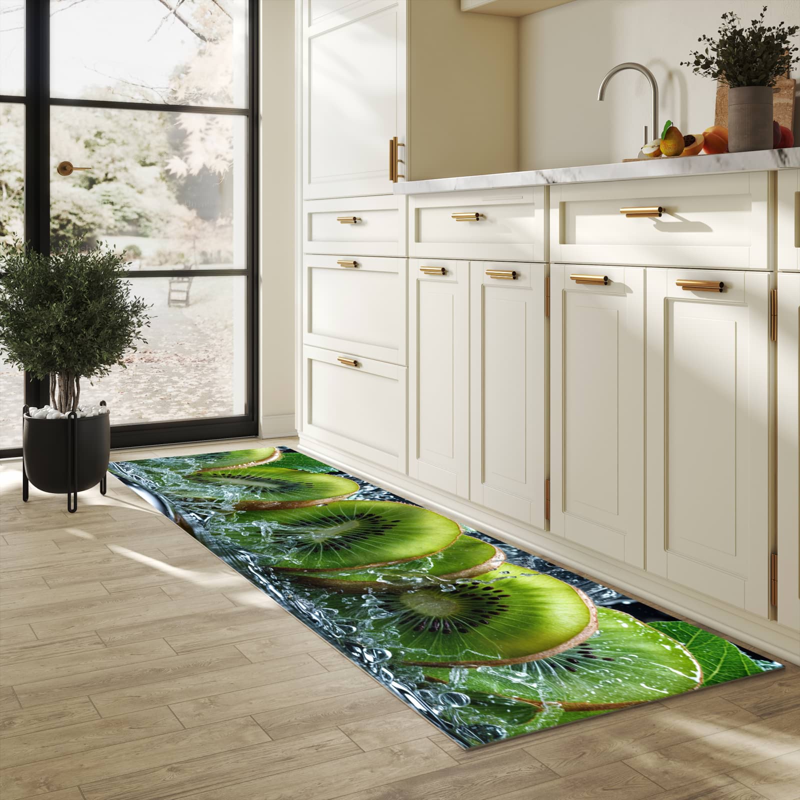 Geräuschdämpfender waschbarer Küchenläufer mit Motiv Kiwi und Wasser in heller Küche