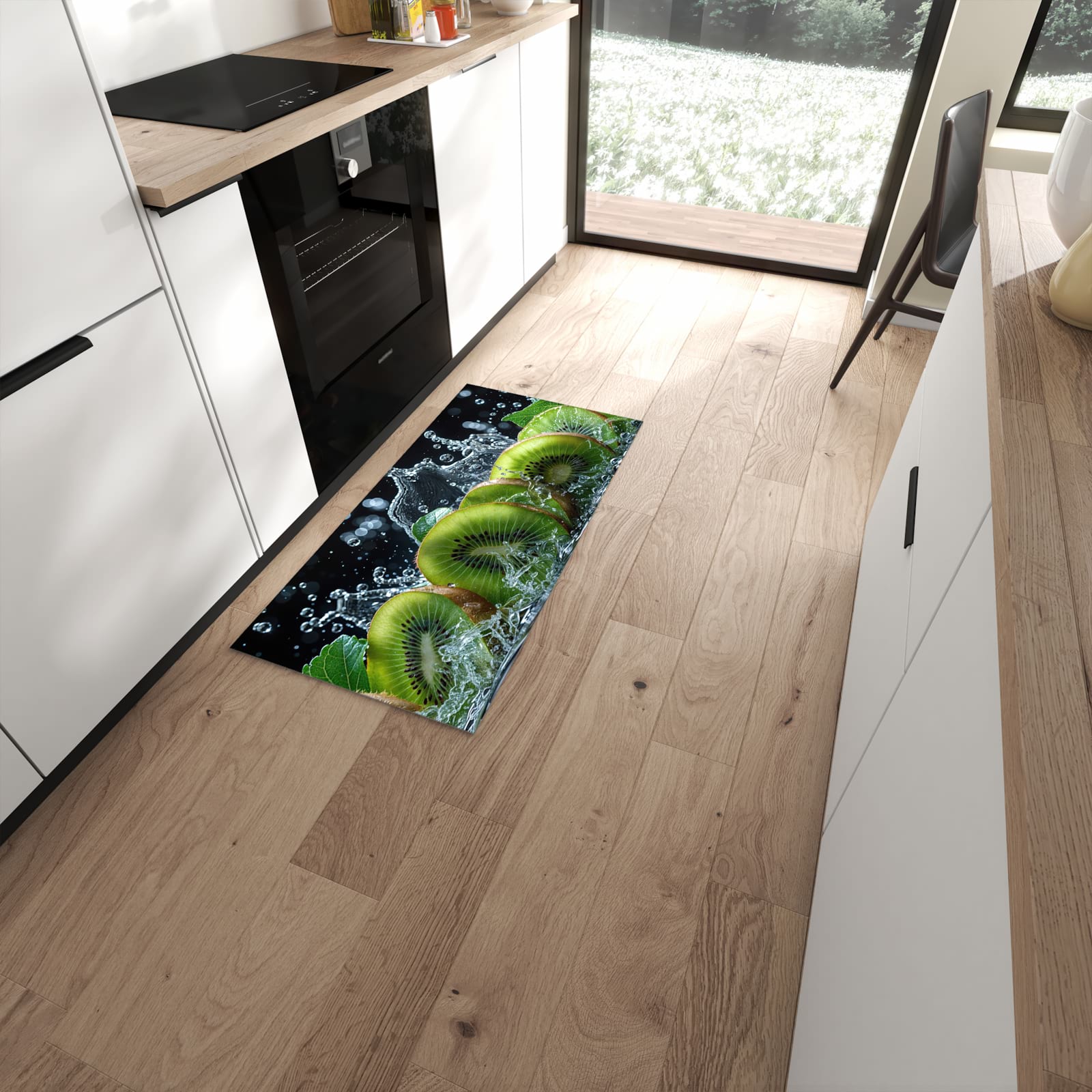 Farbbeständiger waschbarer Küchenläufer mit Motiv Kiwi und Wasser in moderner Küche #grösse_60 x 120 cm