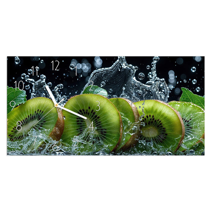 Wanduhr Kiwi und Wasser aus Glas – Querformat 60 × 30 cm mit Ziffernblatt Elegant
