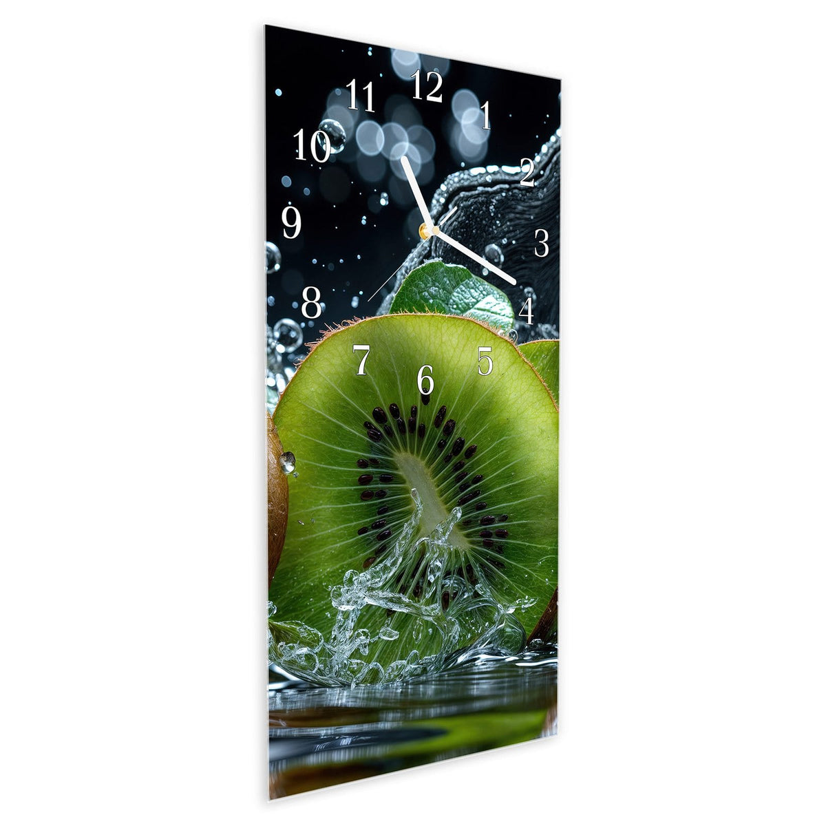 Vormontiert – mit Schwebeeffekt – Wanduhr Kiwi und Wasser aus Glas – Hochformat 30 × 60 cm