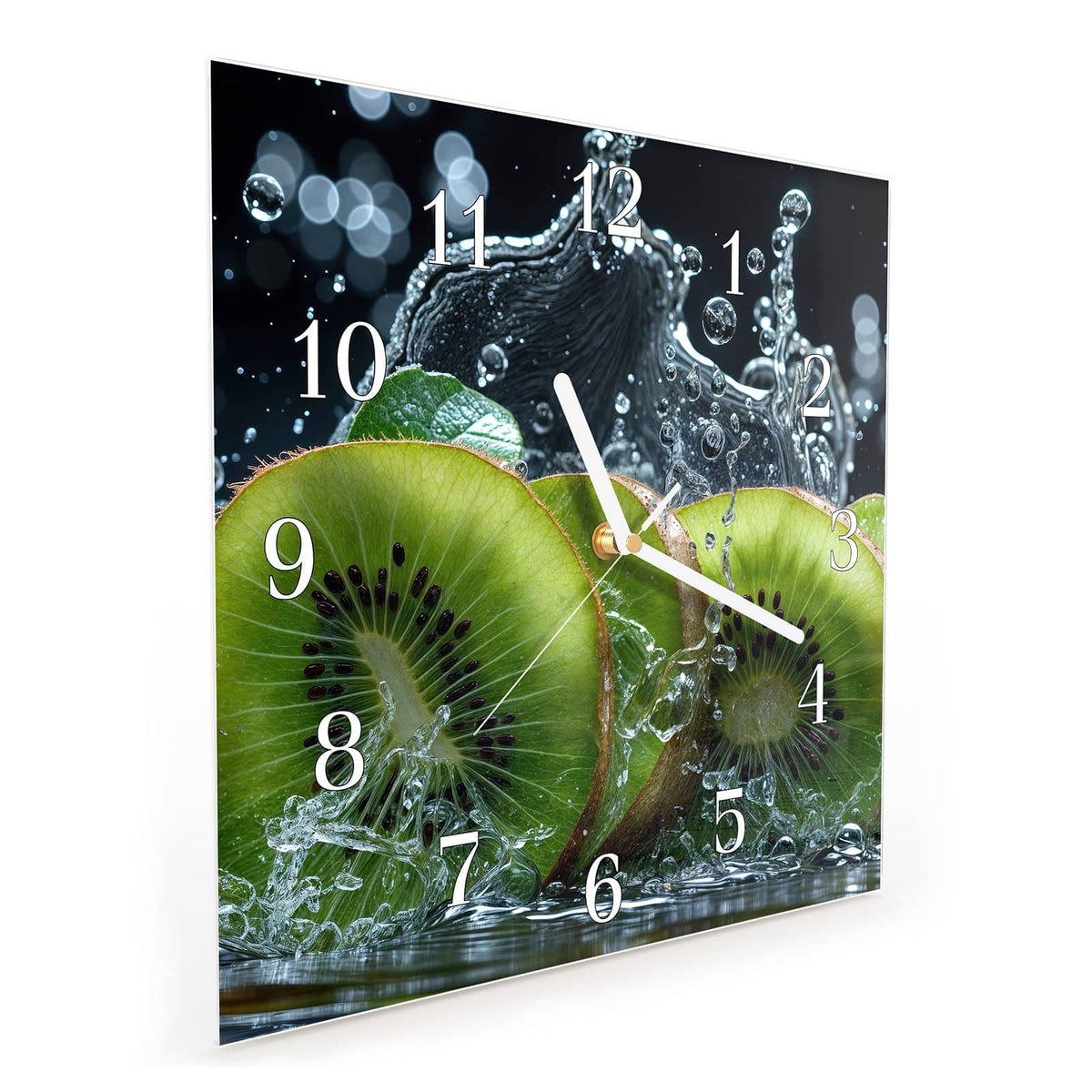 Quadratische Wanduhr aus Glas Kiwischeiben im Spritzer schräg von der Seite, 4 mm starkes Glas